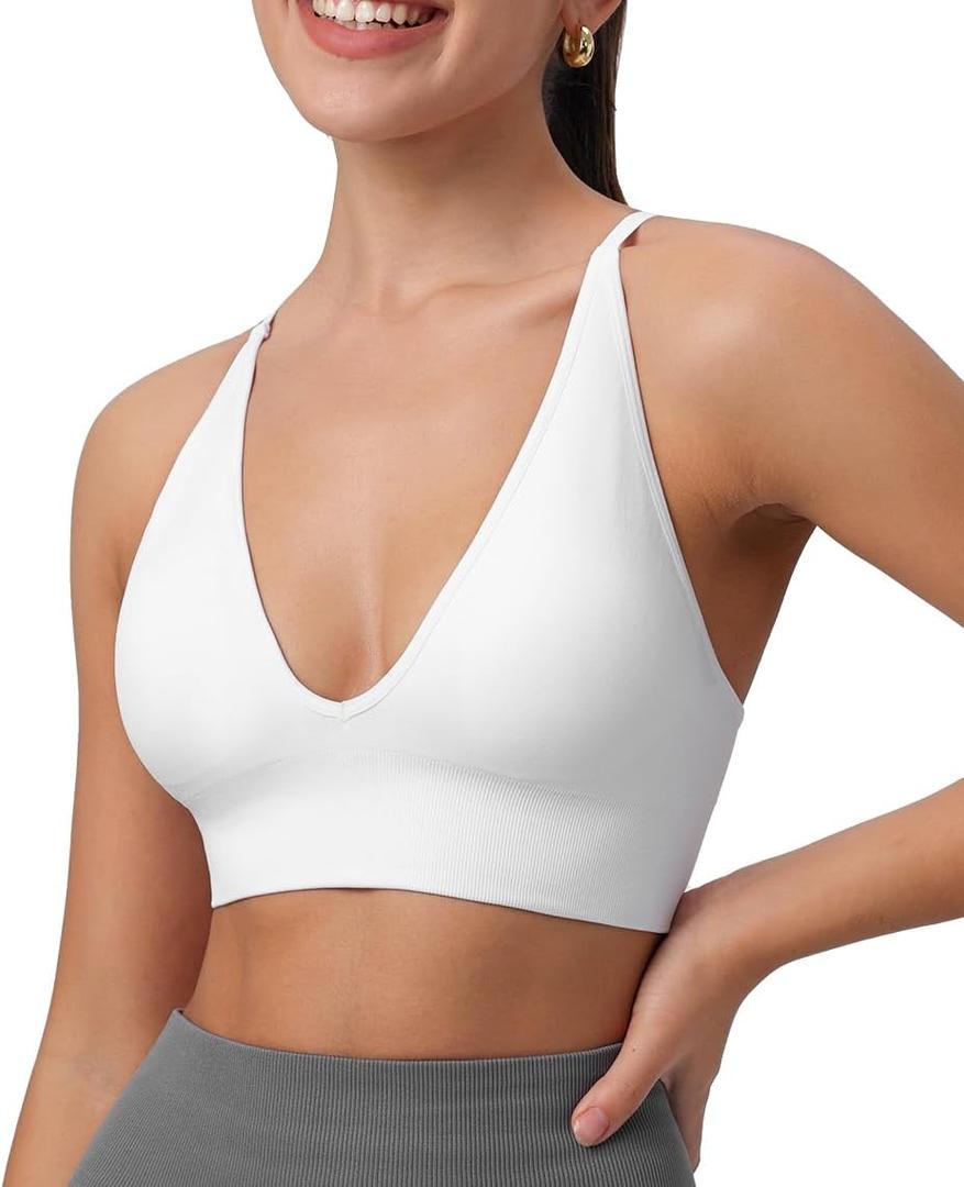 Womens Deep V-Neck Longline Sports Bra, Strappy Criss Cross Padded Cups Adjustable Spaghetti Straps Workout Yoga Crop Top (Large, White)