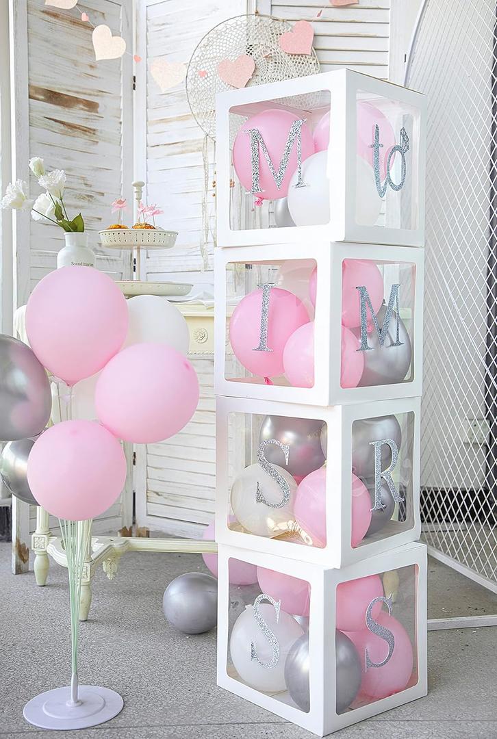 Fonder Mols 4pcs White Transparent Balloon Boxes with Silver Letters "MISS TO MRS" Perfect for Wedding Engagement Party Bridal Shower Decorations(No Balloons)