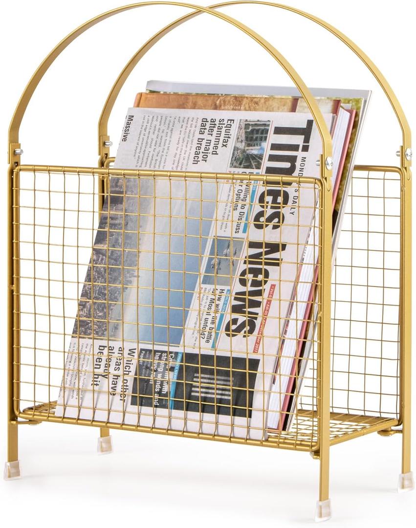 PUERSI Freestanding Magazine Holder  Modern Touch Handbag Design, Magazine Organizer Metal Rack for Books, Vinyl Record, Newspaper (Gold)