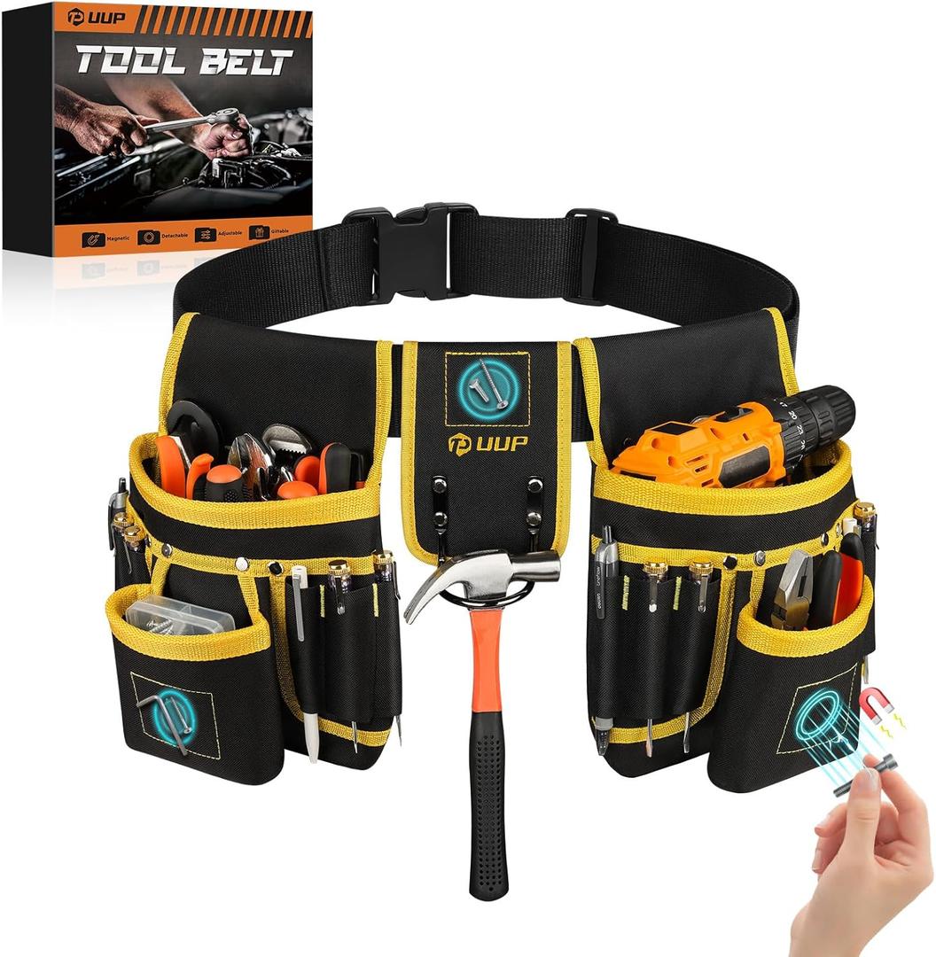 Magnetic Tool Belt for Men, 26 Pockets Heavy Duty Tool Pouch, Magnet Holster Nail Utility Toolbelt Detachable Adjustable Waist Holder for Handyman Contractor Mechanic Plumber Roofer Carpentry Dad Gift (Yellow)