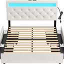 Rolanstar Queen Bed Frame with 4 Storage Drawers and Charging Station, Queen Bed with Led Lights, 2 USB & 1 Type C, Adjustable Headboard 38.9/40.10 Inches, No Box Spring Needed, White
