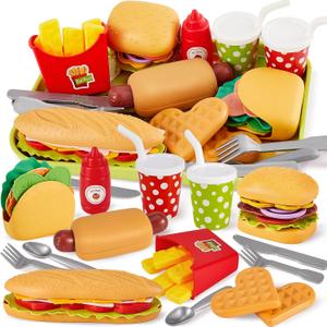 BUYGER Fast Food Play Food Toys for Kids Toddler Children Toy Kitchen Accessories Playset Plastic Toy Food Sets Pretend Play Gifts for 3 4 5+ Years Old