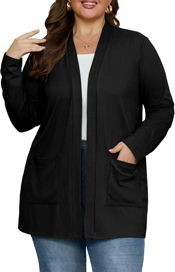 OLRIK Plus Size Lightweight Cardigan for Women 2026 Spring with Pockets Long Sleeve Casual Jacket Open Front Cover Ups (4X, Black)