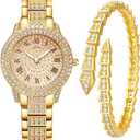 Watch for Women Interior Full Diamond Bling Rhinestone Iced Out Quartz Crystal Stainless Steel Ladies Wrist Watch (Aa. Gold)