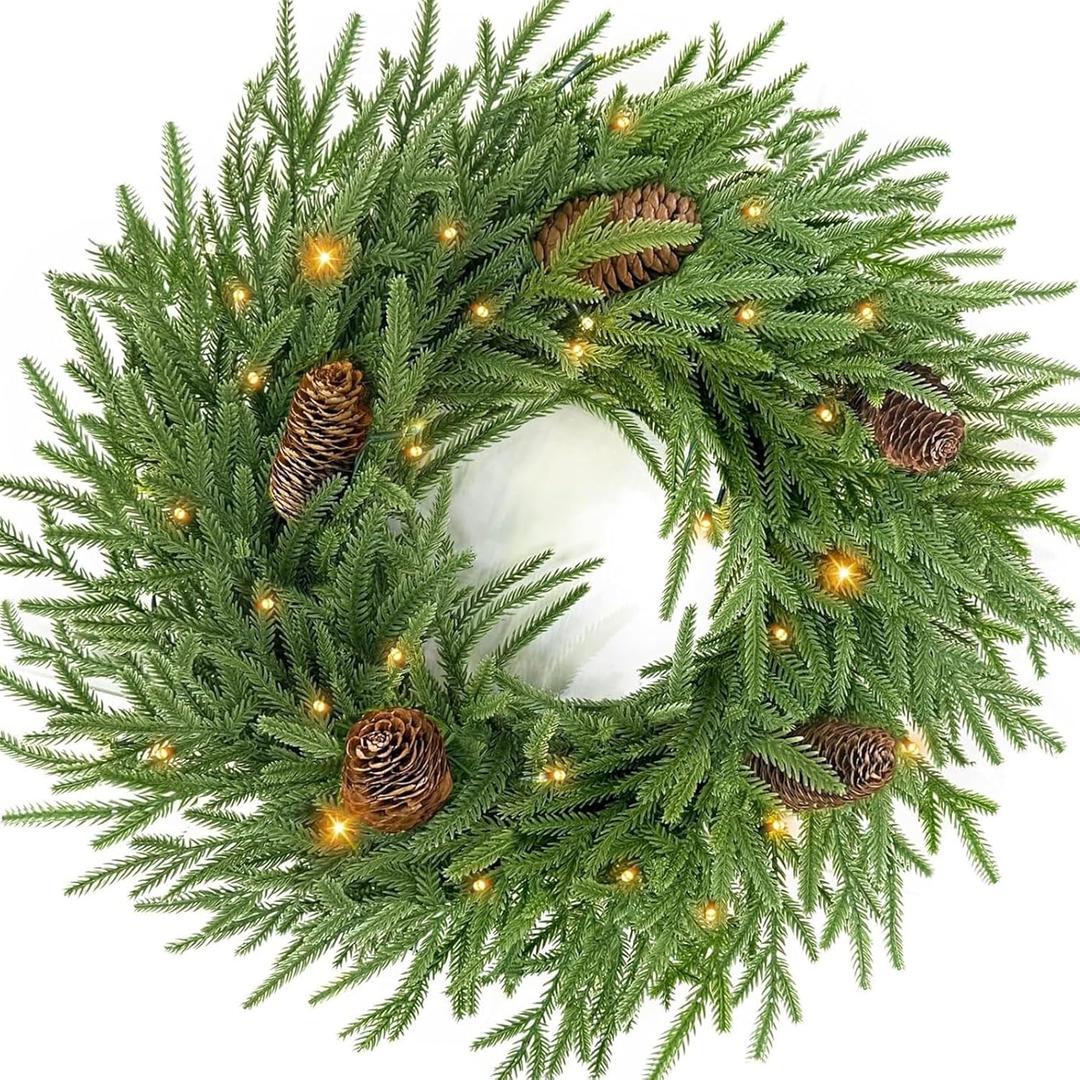 Christmas Norfolk Pine Wreath, 24 Inch Christmas Pine Wreath, Christmas Wreaths for Front Door, Large Artificial Green Wreaths for Walls Windows Porches Farmhouse Indoor Outdoor Home Decor