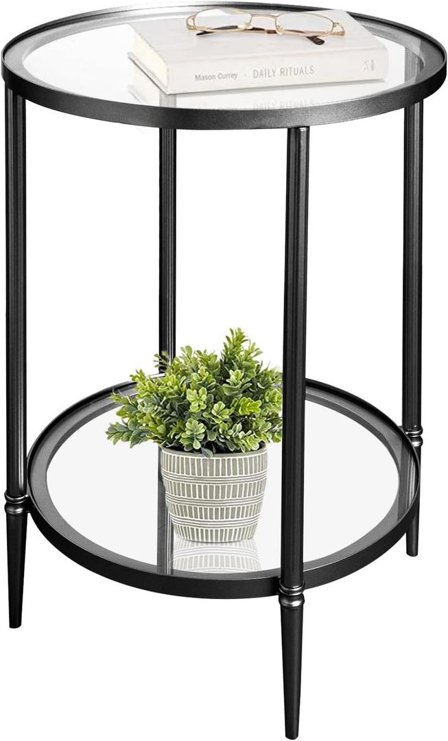 2 Tier Round Side Table, Black End Table with Glass Top, Modern Metal Clear Coffee TableSmall Accent Tables for Living Room, Bedroom, 18" x 18" x 24"