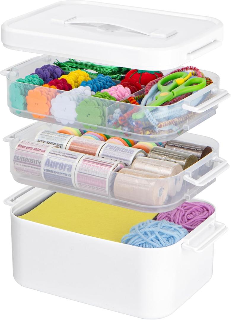 TERGOO 3-Tier Plastic Craft Organizers and Storage Box with Removable Trays, Portable Art Supply Storage Organizer with Handle, Art & Craft Storage for Organizing Bead, Sewing, Tool