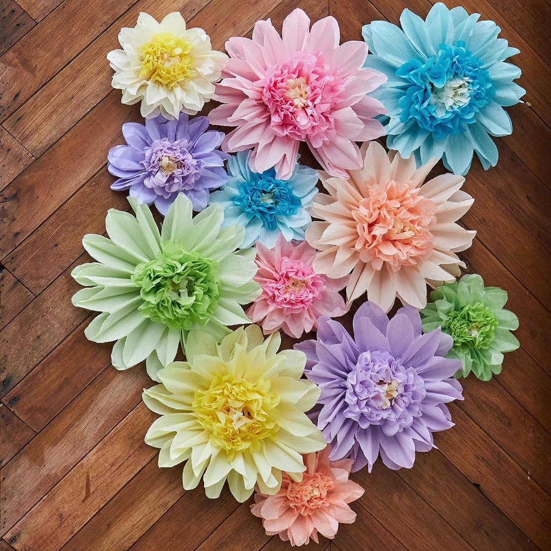 Pastel Paper Flowers, 12 Pcs Crepe Paper Flowers Decorations, 6 in, 10 in Paper Flower for Wedding Party Baby Bridal Shower Carnival Party Nursery Wall Decor