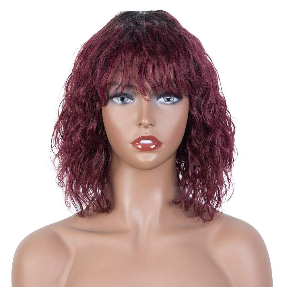 FASHION IDOL Bob Curly Human Hair Wig with Bangs for Black Women 10" Deep Wave Brazilian Virgin Human Hair Short Water Wave Wig 150% Density Ombre Red