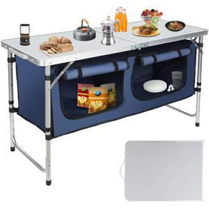 Outdoor Folding Camping Table with Storage Organizer, Portable Aluminum Composite Panel Lightweight Table, 3 Adjustable Height, for Indoor, BBQ, Party, Picnic, Hiking, Blue
