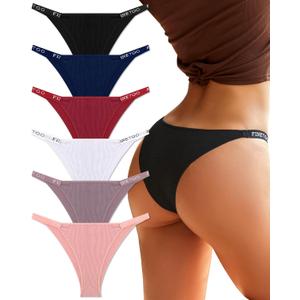 FINETOO Womens Underwear Cotton High Cut String Bikini Panties Low Rise Hipster Ladies Sexy Cheeky Underwear 6 Pack (L)