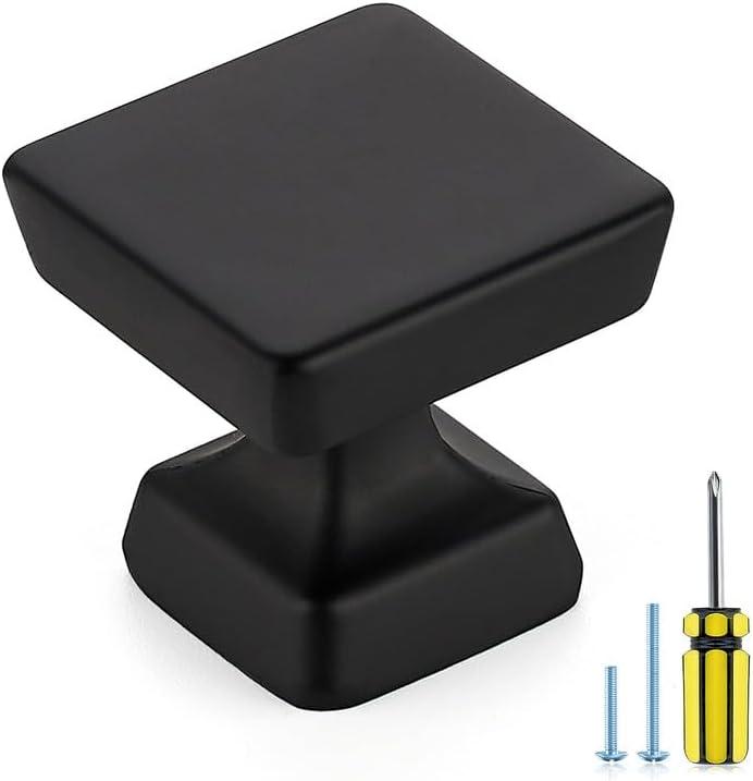 5 Pack Black Cabinet Knobs 1.2 Inch Square Kitchen Cabinet Knobs for Dresser Drawers Solid Hardware