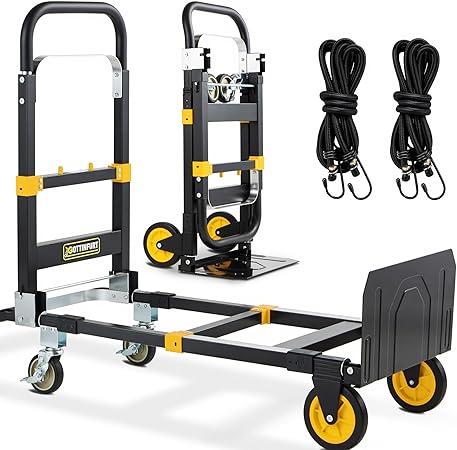 New Upgrated Convertible Hand Truck Dolly 3-in-1, Heavy Duty Hand Dolly Cart 500LB Capacity Foldable with Rubber Brake-Wheels, Anti-Slip Strip and 2 Elastic Ropes