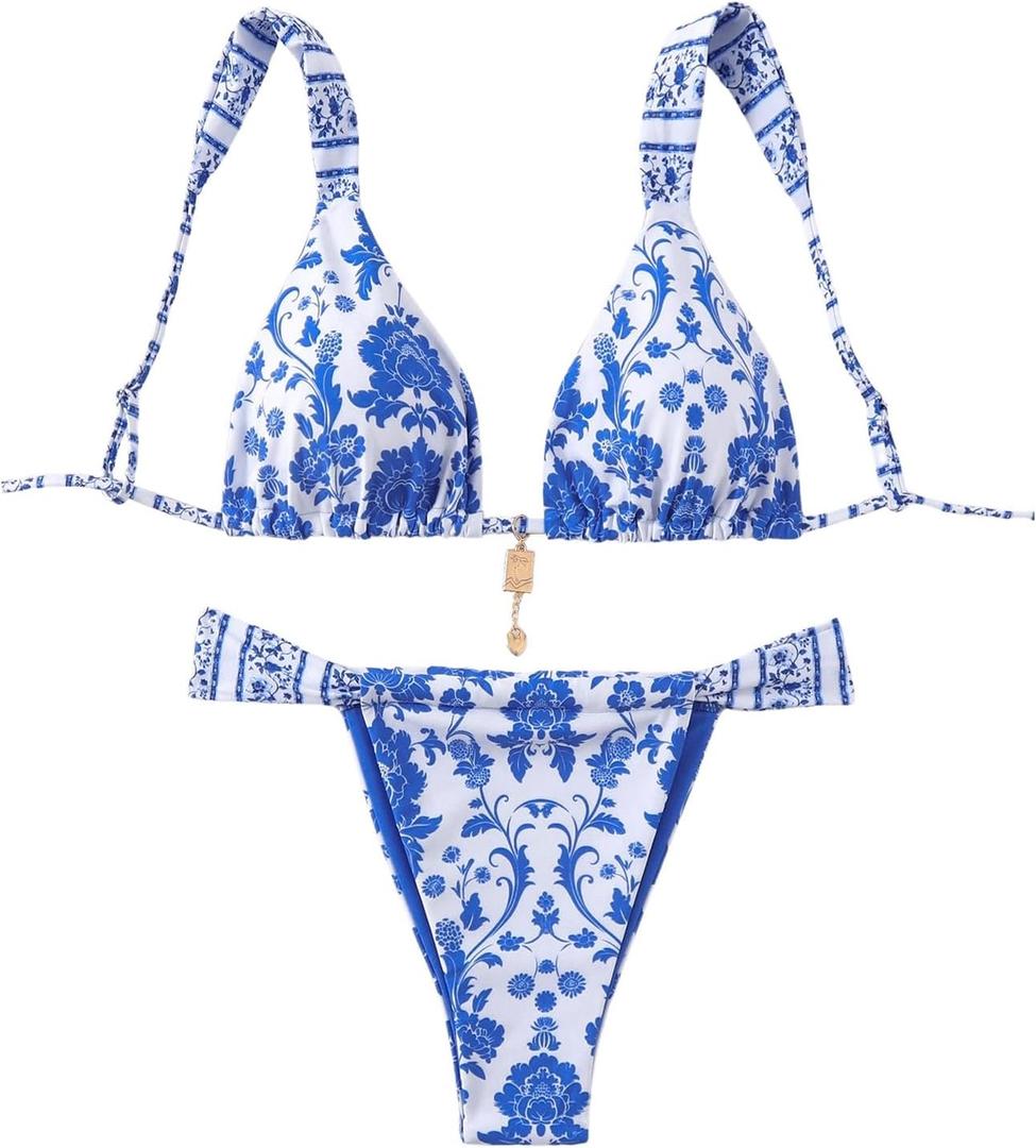 MakeMeChic Women's Floral Print 2 Piece Bikini Sets Tie Back Triangle Thong Bathing Suit Swimsuit, Size X-Small