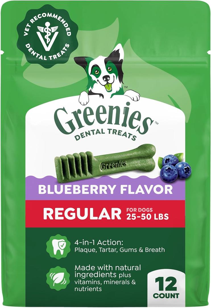 Greenies Veterinarian-Recommended Natural Dental Dog Treats, Dental Chews for Dogs, Regular Size, Blueberry Flavor, 12 oz. Pack, 12 Count (EXP 08/18/27)