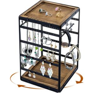 MyGift 360 Rotating Black Metal and Solid Wood Jewelry Organizer Stand Urban Modern All-in-One Display Holder for Earrings, Necklaces, Bracelets, Rings & Watches