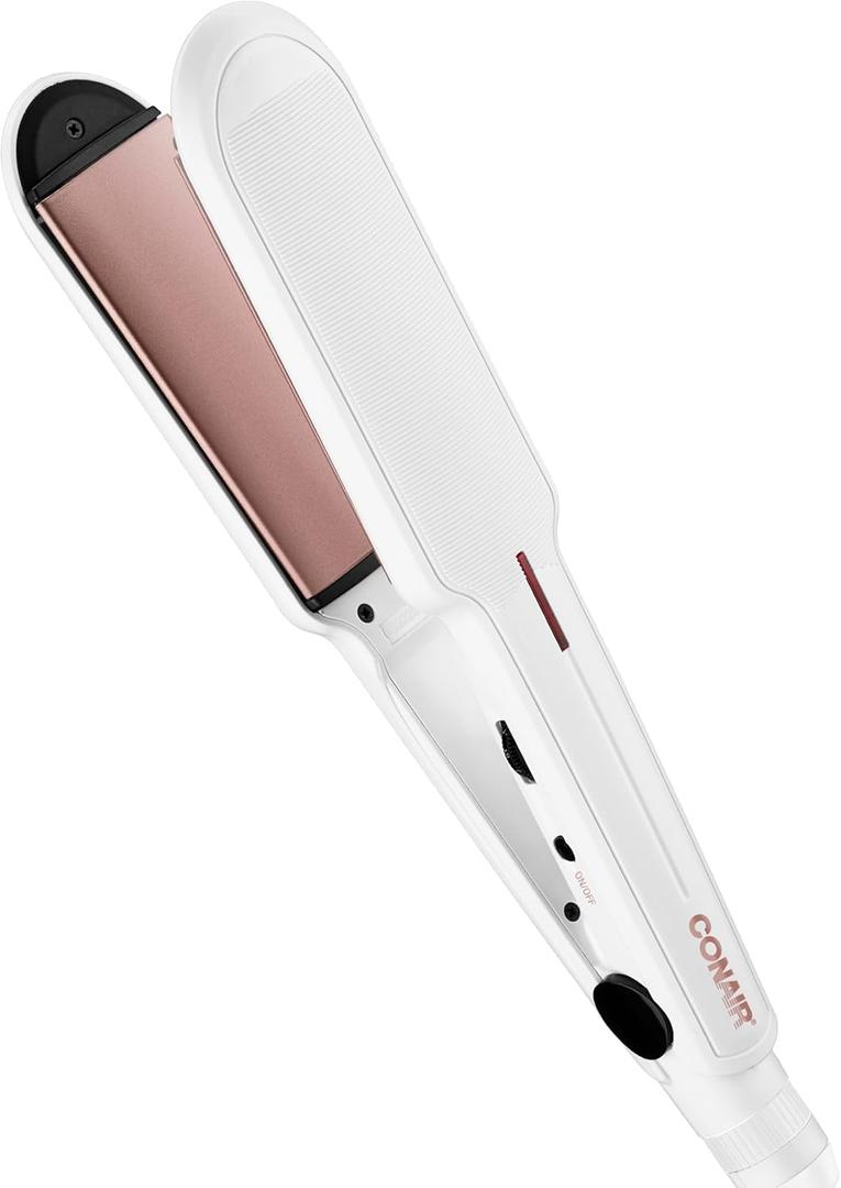 Conair Double Ceramic Flat Iron, 1-inch Flat Iron, 5 Heat Settings Up to 410F, Extra-Wide Floating Plates, For All Hair Types and Textures, White