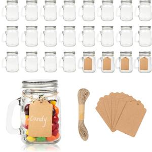 4 oz Small Mason Jar Mugs with Handle, 24 Pack Mini Glass Jars with Airtight Metal Lids, Empty Glass Mugs with Kraft Paper Gift Tag for Party Wedding Favor