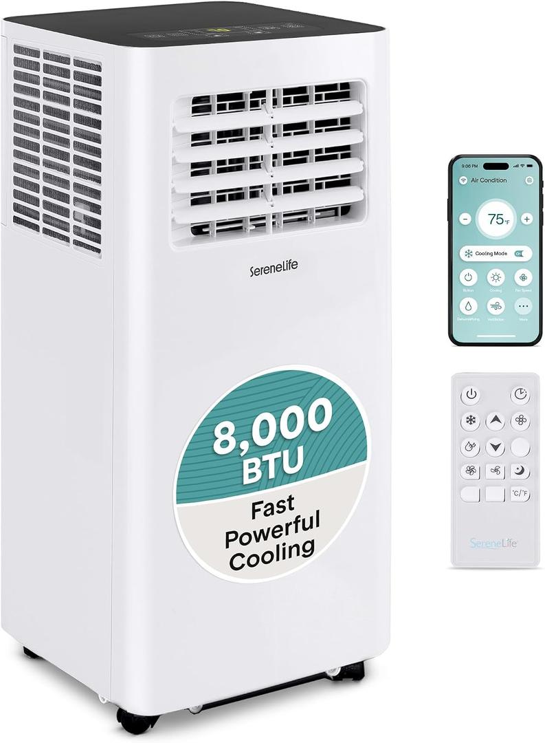 SereneLife Portable Air Conditioner & Dehumidifier - 8,000 BTU Wi-Fi Enabled Indoor AC, Pulls 1.1 liters Moisture Per Hour for Fast Cools Up to 300 Sq Ft - SLPAC805W