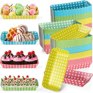 8oz Paper Banana Split Boats Durable Paper Food Boat Trays Disposable Ice Cream Sundae Dishware Bowl Colorful Boats Plate for Party Serving Snack Candy Salad (Dot Style,100 Pack)