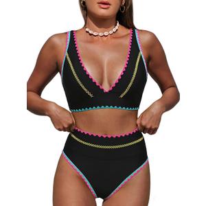 Hilinker Women's Leopard Bikini Swimsuits V Neck High Waisted 2 Piece Bathing Suits, Small (Black Geometric)
