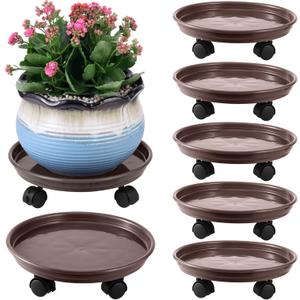 6 Packs Plant Caddy with Wheels 12" Plastic Rolling Stands Heavy-Duty Dolly with Casters Indoor Outdoor Coaster, Brown (Coffee Brown)