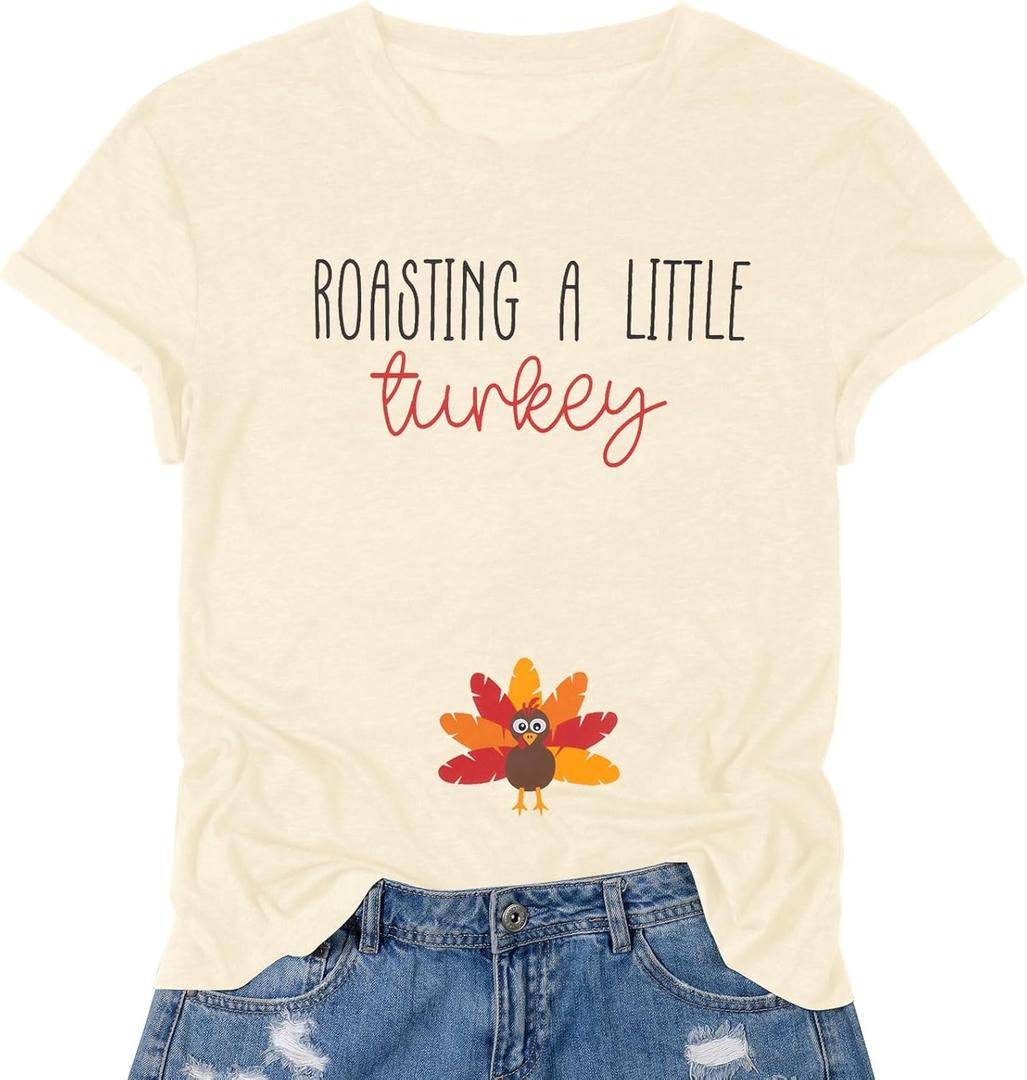 FASHGL Thanksgiving Pregnancy Shirt Women Funny Roasting a Little Turkey T-Shirt Cute Pregnancy Announcement Tee Tops
