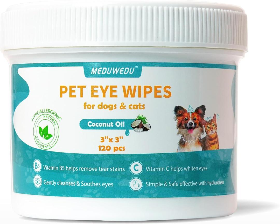 MEDUWEDU Eyes Wipes for Dogs & Cats 120 Counts, Grooming Kit Care for Dogs and Cats, Prevent Tear Stains, Eye Debris, Discharge, Mucus Secretions, Coconut Scent (3" Wide 120pcs)