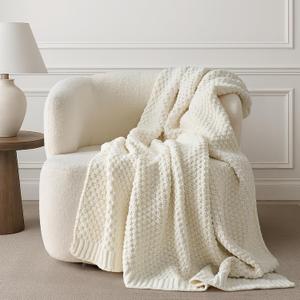 EVERGRACEHOME Chunky Chenille Knit Throw Blanket for Couch, Soft Luxurious Moss Stitch Blankets for Bed, Cozy Decorative Farmhouse Knitted Throws for Sofa, Ivory White, 50" x 60"