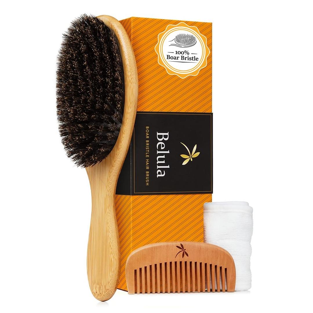 100% Boar Bristle Hair Brush for Women Set by Belula (L Size). Soft Natural Bristles for Thin and Fine Hair. Wooden Comb, Travel Bag and Spa Headband Included!