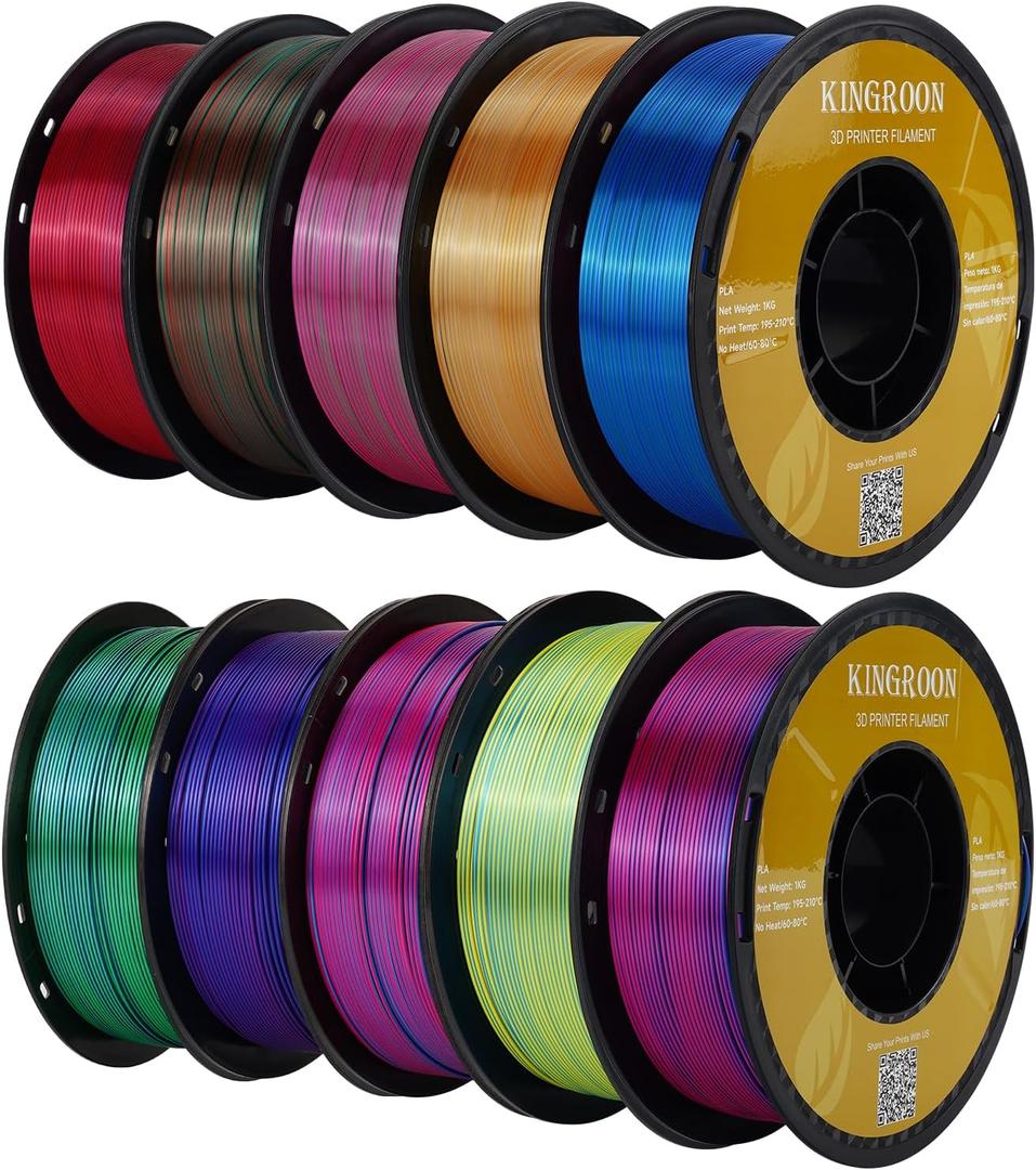Kingroon PLA Filament, Multicolor Silk PLA Filament, Tri Color 3D Printer Filament, 1.75 mm, Dimensional Accuracy +/- 0.03 mm, 10kg Spool(22lbs) 10 Rolls, 10 Different Multicolor Filaments