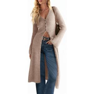 Saodimallsu Womens Long Cardigan Sweaters Oversized Bell Sleeve Open Front Button Down Casual Knit Fall Midi Dress (Brown, XL)