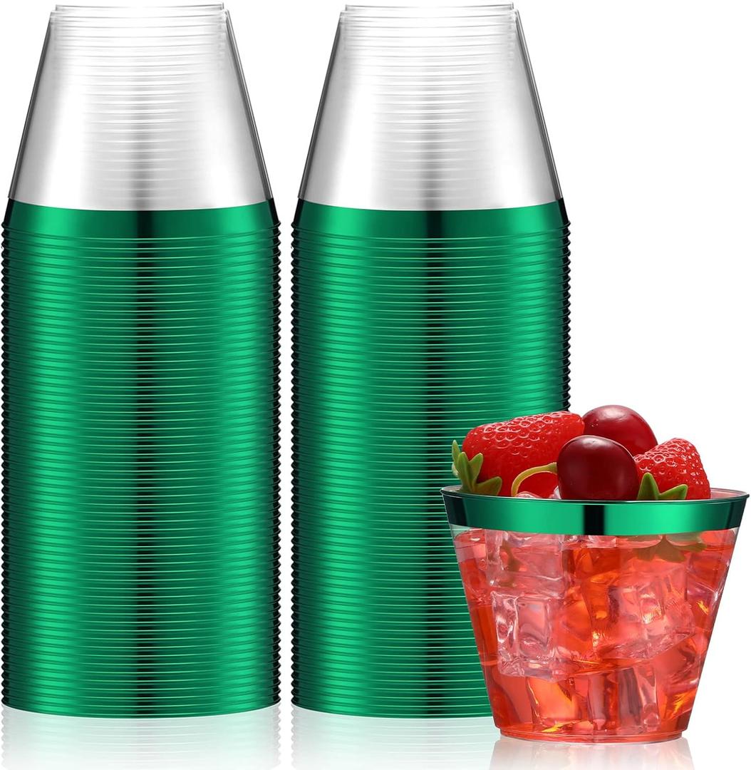 Norme 50 Pcs Plastic Cups 9 oz Rimmed Plastic Cups Heavy Duty Disposable Wine Glasses Drinking Tumblers for Holiday Birthday Wedding Easter Graduation Christmas Valentine's Day Party(Green)