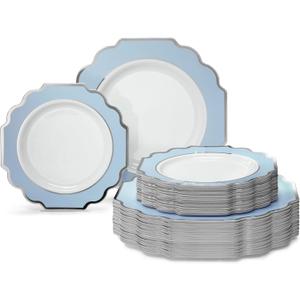 " OCCASIONS " 80 Plates Pack,(40 Guests) Heavyweight Premium Wedding Party Disposable Plastic Plates Set -40 x 10.5'' Dinner + 40 x 8'' Salad/Dessert (Imperial in White/Blue & Silver)