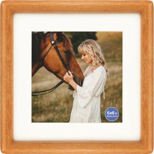 6x6 Square Picture Frame Teak Solid Wood with Real Glass Vertical Horizontal Standing Display Photo 4x4 with Mat or 6x6 without Mat for Desk Tabletop Wall Mount Gallery Frame