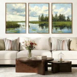 BINCUE Framed Green Nature Wall Art Lake Scenery Wall Decor Landscape Art Print Green Nature Landscape Artwork Green Plants Wall Pictures for Living Room Bedroom Office Farmhouse 16 x24 Inches Set of 3 Gift