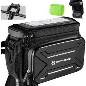 Bike Handlebar Bag with Touch Screen Phone Holder, 6L Large Water Resistant Bike Basket Front Bag with Handlebar Adapter, Reflective Bike Storage Pouch with Shoulder Strap for Bicycle and E-bike