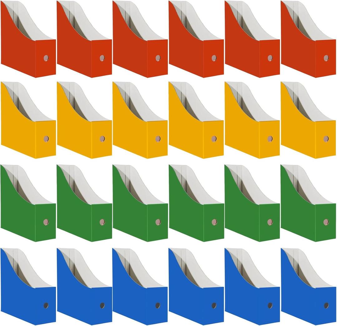 Limitliho 24 Pack Cardboard Magazine Holder for Shelves, Multi-Color Book Bins for Classroom Library, Sturdy File Box Organizer with Label(10.6" H x 10.2" L x 3.5" W in)