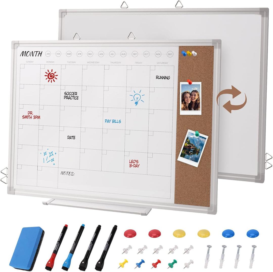 Dry Erase Calendar Whiteboard for Wall 24" x 18" Hanging Board with Cork