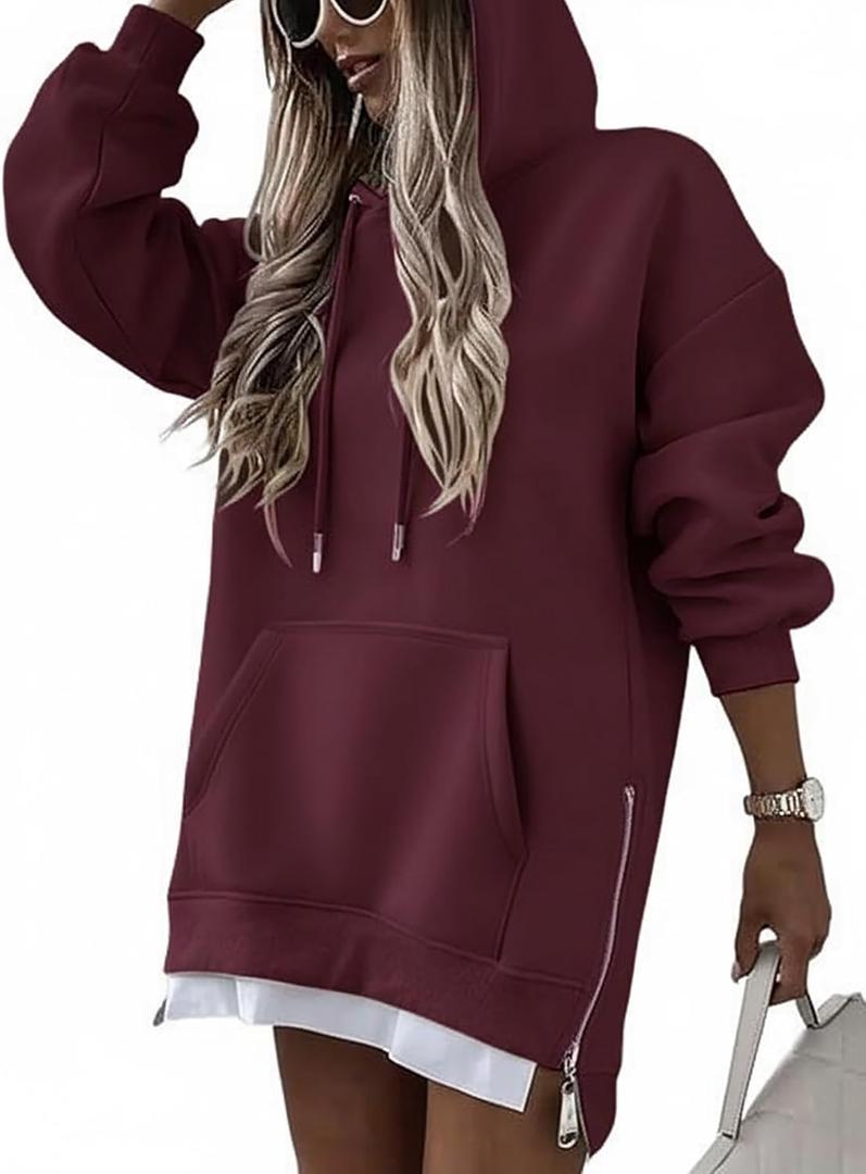 CHICME Womens Oversized Long Hoodie Dress Fall Outfits Comfrt Pullover Sweatshirt Winter Clothing (Large, Wine Red)