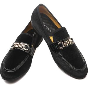 Men's Velvet Loafers,Mens Dress Shoes with Gold Chain, Slip On Flats Smoking Slippers Penny Shoes for Men (12, Black-1)
