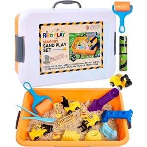 Construction Sensory Bin for Toddlers with 2-in-1 Play Mat & 2.8lbs Moldable Sand, Kids Sensory Bin with Lid & Handle, Toddler Sensory Kit Boys & Girls, Learning Activity, Gift Ages 3+