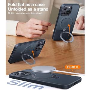 TORRAS Upgraded 360 Spin Magnetic Stand for iPhone 15 Pro Case, Fit for MagSafe, Built-in Kickstand & Ring Holder, Mil-Grade Protective Soft Edge Translucent Case for iPhone 15 Pro, Black 6.3