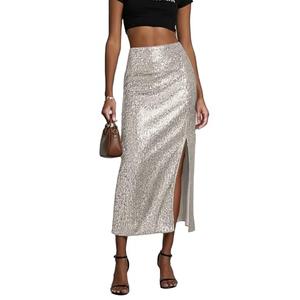 AuInHer Women's Sequin Midi Skirt, Silver Sparkly High Waisted Bodycon Party Skirt with Front Slit and Back Elastic Waist Large