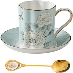 Floral Tea Cup and Saucer Set, Bone China Cup and Saucer with Spoon, Elegant Porcelain Coffee Cup with Gold Trim, Food Grade Coffee Mug for Women, Tea Party, Gifts Giving, 6.8 Oz