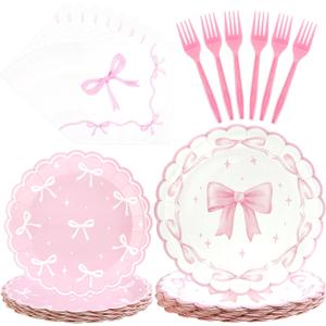 CANREVEL 96 PCS Bow Party Plates Serve 24, Bow Plates and Napkins Forks Set, Disposable Tableware for Birthday Supplies Party Decorations for Grils Kids Women