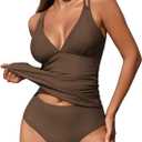 ZAFUL Womens Tankini Swimsuits V Neck Push Up Swim Top Color Block Tummy Control High Waisted Bathing Suits Swim Bottom (L)