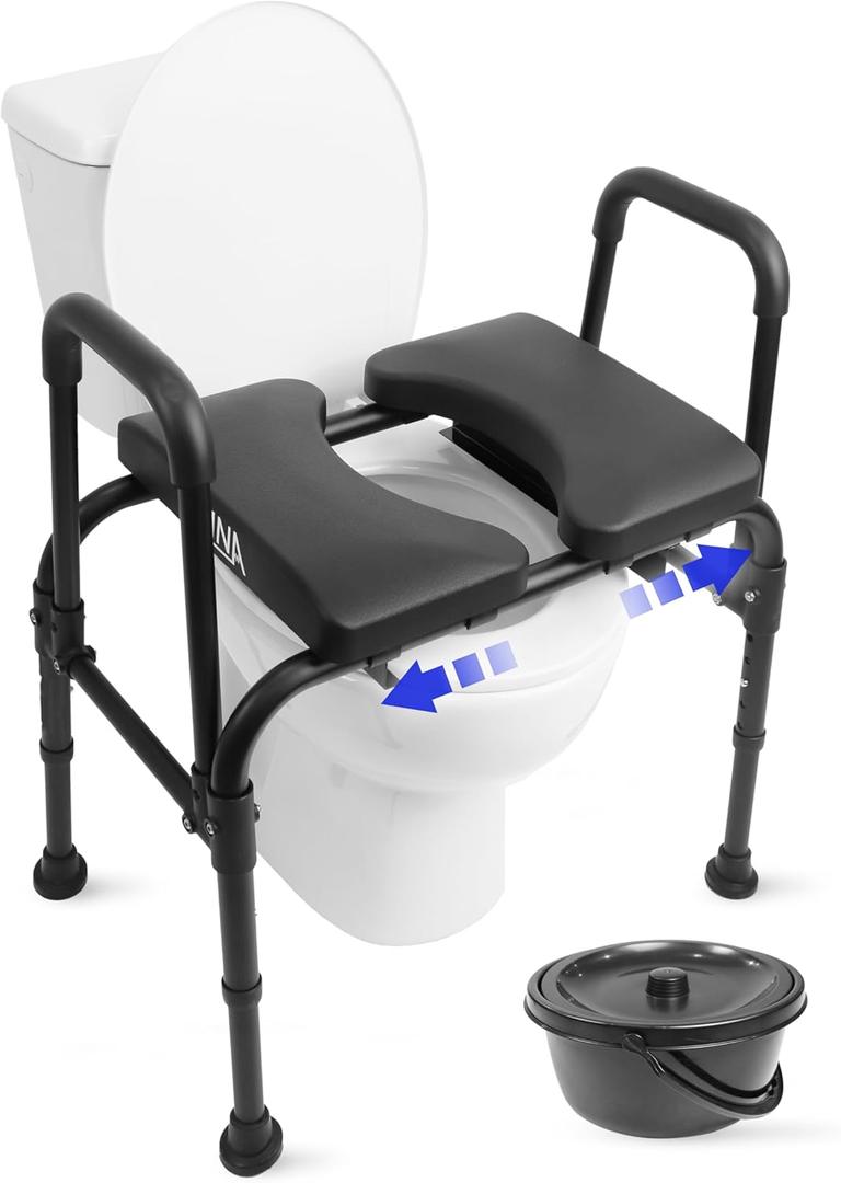 KMINA Raised Toilet Seat with Handles, 400 lbs Toilet Seat Risers for Seniors, Adjustable Height & Width, Comfort PU Foam Seat, Fit Any Toilet, Patented, Made in Europe (Black)