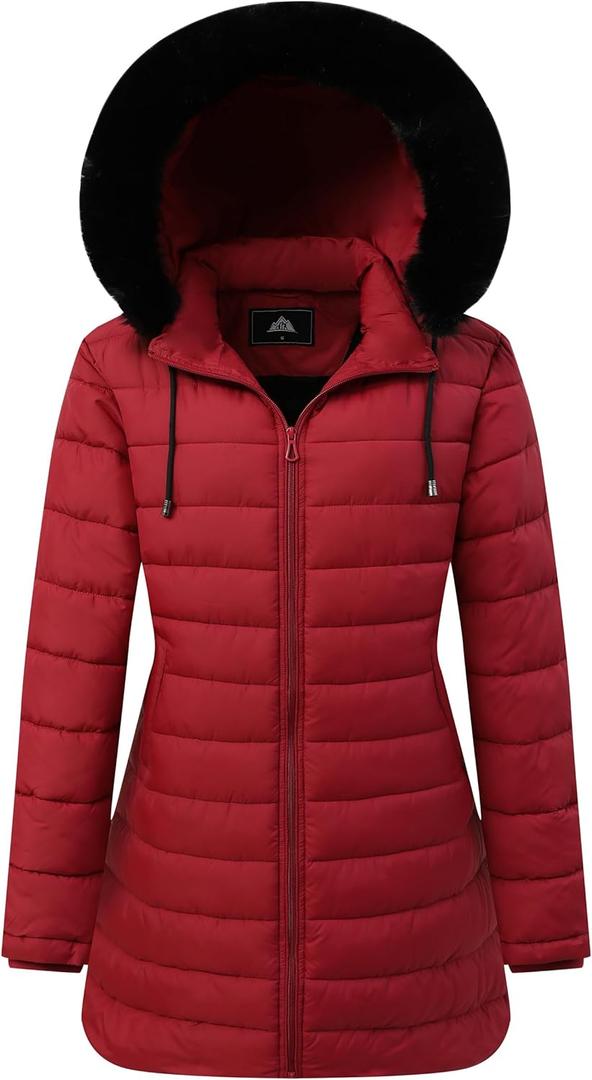 GOLDLADIES Women's Waterproof Long Down Jacket,Warm Winter Hooded Puffer Coat Thickened for Hiking Outdoor (Large, Claret)