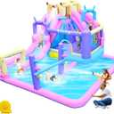 Inflatable Bounce House Water Slide Combo, Blow Up Water Slides for Backyard, Kids Jumper with Climbing Wall, Basketball Hoop, Splash Pool with Blower